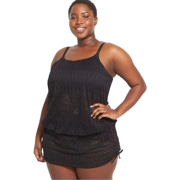 Lane Bryant No-Wire Blouson Crochet Swim Tankini Top in Black Size 16 - Picture 1 of 4